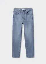 Pantalón jean de corte ajustado y tiro alto, en tono azul claro con efecto deslavado y diseño tobillero.