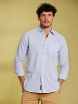 Camisa celeste a rayas verticales finas, de manga larga y corte clásico.