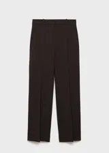 Pantalón de vestir de corte recto y tiro medio, con bolsillos laterales y cierre oculto de botón, gancho y cremallera.