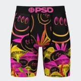 Calzoncillos bóxer estampados negros con hongos, hojas de marihuana y caras sonrientes en colores neón.