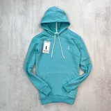 Canguro turquesa de algodón extra suave con capucha y cordones blancos.