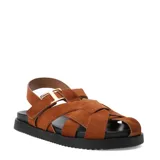 Sandalias de mujer Miss Carol Siena, color marrón, con tiras cruzadas de gamuza, suela track negra y hebilla metálica dorada de ajuste en el talón.