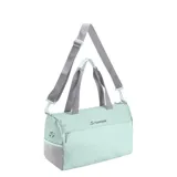 Bolso deportivo Topper color verde agua, con correas de mano y correa de hombro ajustable en color gris. Presenta bolsillo lateral de red y cierre principal superior.
