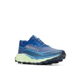 Championes Merrell Agility Peak 6 en color azul oscuro, con detalles en azul claro y suela verde menta. Diseñados para trail running, cuentan con parte superior de malla transpirable, cierre de cordones, entresuela FloatPro+ y suela Vibram MegaGrip para tracción en diversas superficies.