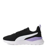 Championes Puma Anzarun Lite, color negro con detalles en blanco y lila. Presentan una parte superior de malla transpirable, cierre con cordones y suela blanca con amortiguación SoftFoam+.