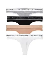Pack de cuatro tangas de algodón marca Victoria's Secret, en colores gris melange, negro, tostado y blanco, con cintura elástica con el logo estampado.