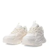 Championes urbanos de estilo chunky, completamente blancos, con diseño de paneles superpuestos en malla y material sintético, cordones al tono y suela de plataforma dentada.