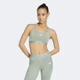 Top deportivo de soporte medio color verde menta, con escote cuadrado, espalda tipo racer-back y banda inferior elástica. Presenta tres franjas blancas en los laterales y el logo de Adidas en el frente.