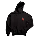 Canguro negro con capucha y bolsillo frontal tipo canguro. Presenta un diseño gráfico en el pecho que consiste en un círculo rojo con una guadaña y una cinta con la inscripción 'EMEXEM EST. 2009'.