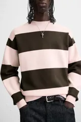 Jersey de punto de tacto suave con diseño de rayas horizontales anchas en color rosa claro y marrón oscuro. Presenta cuello redondo, manga larga y terminaciones en rib.