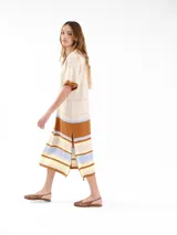 Vestido midi de punto de manga corta con detalles calados y diseño de rayas horizontales tricolor en la parte inferior. Presenta cuello redondo y logo bordado en el pecho.