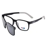 Lentes ópticos con sistema clip-on solar de la marca MDQ, modelo Zayan, en color negro mate con detalles grises en las patillas.