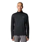 Remera de manga larga Columbia Three Pitch Half Zip para hombre, color negro, ideal para senderismo y trail running. Confeccionada con tejido Omni-Wick™ que absorbe la humedad y costuras unidas para mayor comodidad. Cuenta con agujeros para los pulgares, detalles reflectantes y cuello con media cremallera.