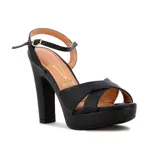 Sandalia de tacón alto Vizzano, color negro, con plataforma delantera, tiras cruzadas en la parte frontal y tira ajustable con hebilla en el tobillo.
