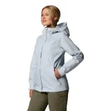 Campera impermeable Columbia modelo Arcadia II, de color celeste, con capucha ajustable, cierre frontal con solapa y bolsillos con cremallera. Incorpora tecnología Omni-Tech.