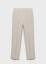 Pantalón de lino color beige, de tiro alto y diseño recto con bolsillos laterales y traseros.