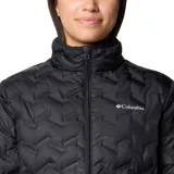 Campera puffer Columbia modelo Delta Ridge II Jacket Heat Seal, color negro con diseño de chevron termosellado, cuello alto, cierre frontal y bolsillos laterales con cierre. Incluye la tecnología Omni-Heat reflectante y aislamiento de plumón.