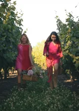 Vestido corto sin mangas con diseño bicolor, presentando una mitad en color rojo y la otra en color violeta. Posee un corte recto y holgado con cuello redondo.