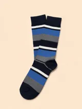 Medias de algodón con diseño de rayas horizontales en tonos azul marino, azul, gris y blanco.