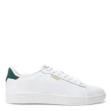 Championes Puma modelo Smash 3.0 L, de diseño urbano en color blanco con detalles en dorado y verde oscuro en el talón. Confeccionados en cuero sintético con cierre de cordones y suela de goma.