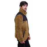 Campera de polar tipo sherpa color marrón, con paneles de tela técnica negra en el pecho y bolsillos con cierre. Presenta cuello alto y cierre frontal completo.