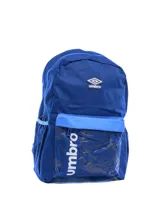 Mochila deportiva Umbro color azul, con compartimento principal con cierre, bolsillo frontal con cierre y estampado gráfico, y logo de la marca aplicado en la parte superior.