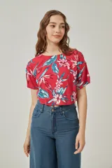 Blusa de mangas cortas con estampado de rayas verticales multicolores.