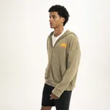 Campera con capucha color verde con cierre frontal y logo estampado en el pecho.