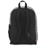 Mochila JanSport Cool Student gris con base y detalles en marrón. Cuenta con dos compartimentos principales, funda interna para laptop, bolsillo lateral para botella, bolsillo frontal con organizador y clip para llaves, panel trasero acolchado, tirantes ergonómicos y dos bolsillos exteriores con cremallera.