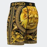 Calzoncillos bóxer negros con estampado de león dorado y grecas doradas. Cintura elástica negra con logo PSD en dorado.