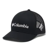 Gorro tipo trucker de la marca Columbia, color negro, con paneles traseros de malla para mayor ventilación. Presenta el logo de la marca bordado en el frente y un parche con el logo en el lateral. Cuenta con cierre trasero ajustable a presión.