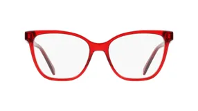Anteojos de receta con armazón de acetato en color rojo traslúcido, con diseño de forma cat-eye.