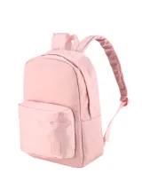 Mochila rosa de poliéster con un compartimento principal con cierre y un bolsillo frontal con cierre.
