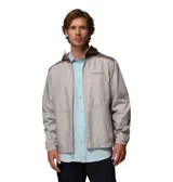Campera cortaviento Columbia Flashback II Wind para hombre, de color gris claro con capucha y detalles en marrón en la parte superior y laterales. Cuenta con cierre frontal de cremallera y bolsillos laterales.
