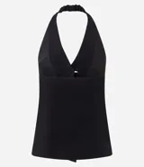Chaleco sastrero halter negro con escote en V profundo, un botón central y bolsillos ribeteados simulados.