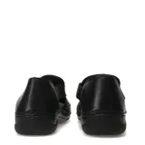 Sandalias tipo zueco de cuero negro con diseño calado y costuras en forma de rombos. Presenta paneles laterales elásticos y suela de goma antideslizante.