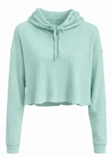 Buzo corto de tejido acanalado color menta, con capucha y cordones ajustables. Presenta mangas largas con puños elásticos y un corte holgado.
