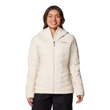 Campera acolchada con capucha, color beige, con cierre frontal completo, bolsillos laterales con cremallera y puños con orificios para los pulgares. Presenta tecnología de forro termorreflectante y aislamiento sintético.