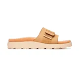 Sandalia tipo slide Merrell color tostado, con capellada de cuero de grano completo y correa ajustable con hebilla. Cuenta con plantilla revestida en corcho, entresuela de espuma FloatMax y suela de goma.