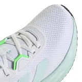 Championes de running Adidas Galaxy 7 para mujer, color blanco con detalles en verde menta y suela en tono menta claro. Presentan las tres franjas características de Adidas en los laterales.