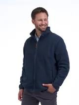 Campera de polar azul marino con cierre frontal completo, cuello alto y bolsillos laterales con cierre.