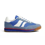 Championes deportivos American Sport Resh Shine, color azul con detalles en celeste, blanco y rojo. Presentan capellada de tela y gamuza, con tres franjas blancas en los laterales y suela de goma color caramelo.