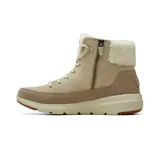 Bota casual Skechers modelo Glacial Ultra Autumn Days, color beige. Presenta una parte superior de gamuza con cordones frontales y forro interno de corderito sintético. Cuenta con entresuela ULTRA GO ligera y suela flexible con tracción.