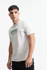 Remera básica de algodón color gris claro, con cuello redondo y logo estampado en el pecho en tonos verdes.
