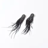 Aros colgantes con base redonda cubierta de strass negros y plumas largas del mismo color.
