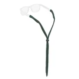 Sujeta lentes de algodón color verde, con sistema de ajuste deslizante y extremos reforzados para sujetar las patillas de los anteojos.