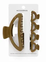 Set de cinco pinzas para el pelo de color marrón, compuesto por una pinza grande y cuatro pinzas pequeñas de diseño semicircular.