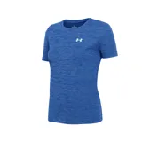 Remera deportiva Under Armour Tech Textured SSC para mujer, color azul con finas rayas horizontales.