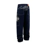 Pantalón de jean color azul oscuro con corte baggy, presenta estampados gráficos estilo tatuaje en ambas piernas.