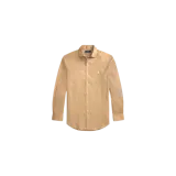 Camisa de lino de manga larga Polo Ralph Lauren, modelo Custom Fit, en color camel. Presenta cuello camisero clásico, cierre frontal con botones y el logo del jinete bordado en contraste en el pecho.